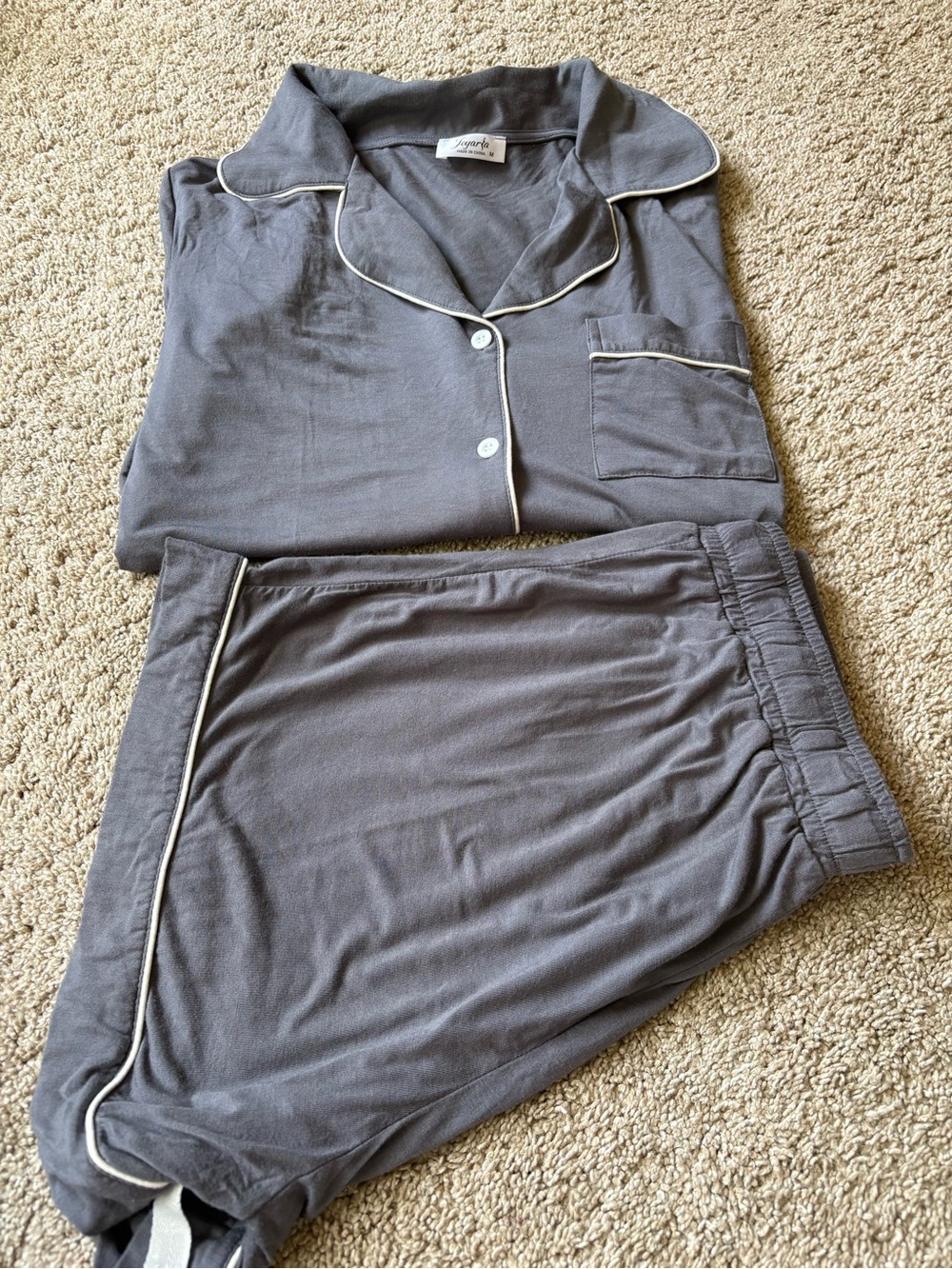 Soft Knit Gray Pajama Set with Contrast Piping